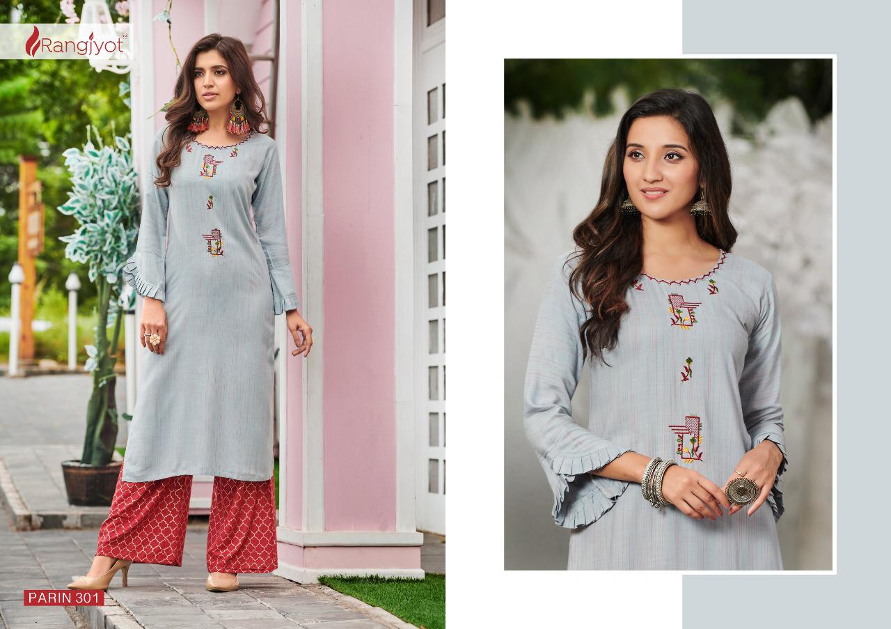 RANGJYOT PARIN VOL-3 Lateat fancy Festive Wear Heavy slub Rayon Dori With Gold Print Kurtis With Bottom Collection
